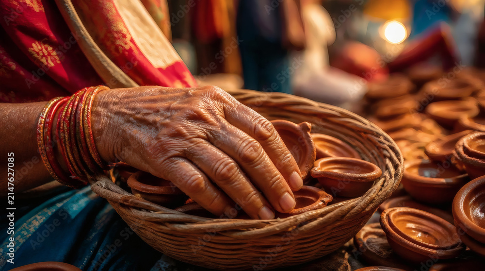 Obraz premium Elderly Hands Arrange Traditional Clay Diyas for Diwali Festival Preparation