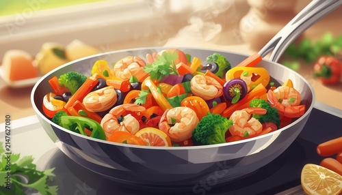 Vibrant Stir-Fry: A colorful and fresh stir-fry bursting with shrimp, broccoli, bell peppers, and carrots sizzles in a pan, promising a delicious and healthy meal.