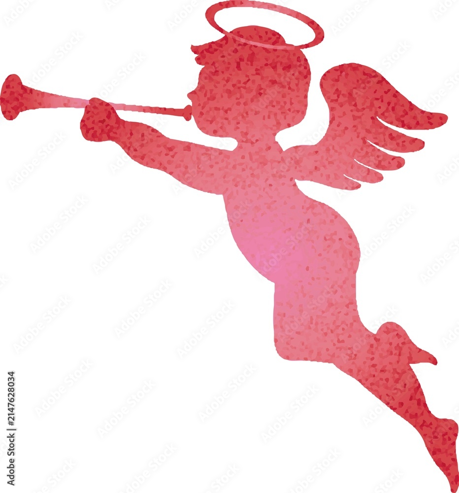 Fototapeta premium Angel blowing a trumpet, silhouette, watercolor, glitter, sparkle, Valentine's Day, Christmas, design, illustration asset