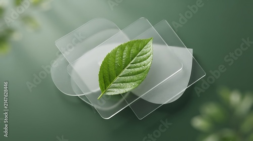A single pristine green leaf with water droplets delicately balanced on a composition of clear circular and square acrylic forms.