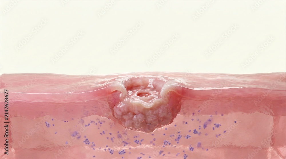Fototapeta premium 3D anatomical render of a deep skin ulcer with dermal tissue inflammation and immune cell response