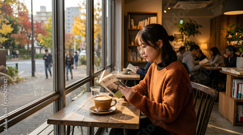 Young woman reading a paper book by a window in a quiet cozy cafe on an early autumn afternoon
