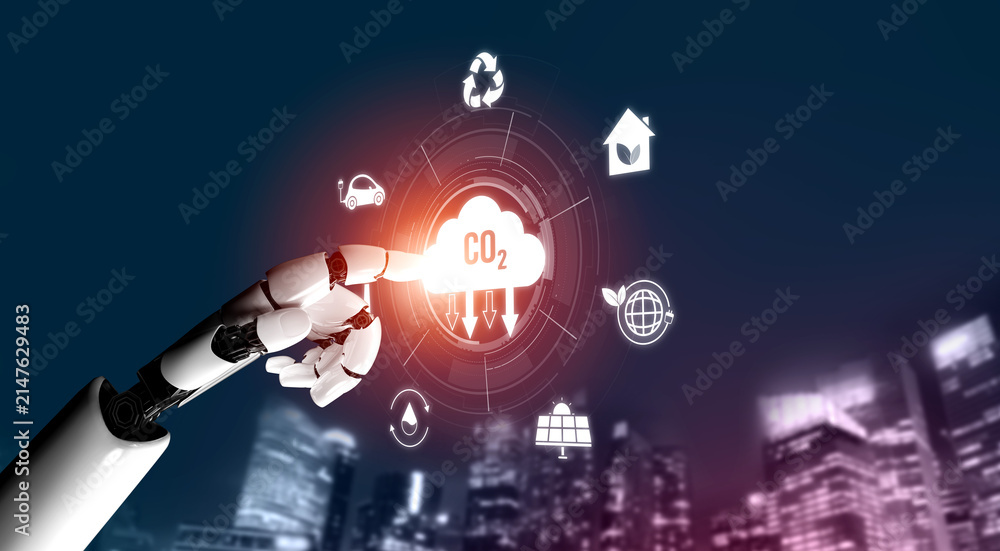 Fototapeta premium AI artificial intelligence accelerates net zero goals by supporting green strategies, smart energy tools, and virtual assistants for climate-conscious business operations. Vouch