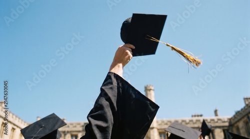 University student holding black graduation cap high against clear blue sky and historic campus architecture for academic success marketing