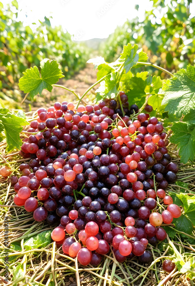 Obraz premium Freshly harvested red and dark purple grapes piled on dry grass in a sunny vineyard, the background shows rows of grapevines under bright sunlight, indicating a successful harvest season