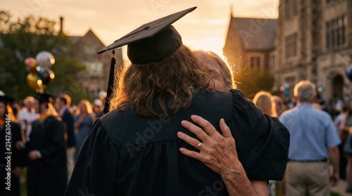 University graduate in academic cap and gown hugging mother during sunset commencement ceremony on campus for education success marketing.