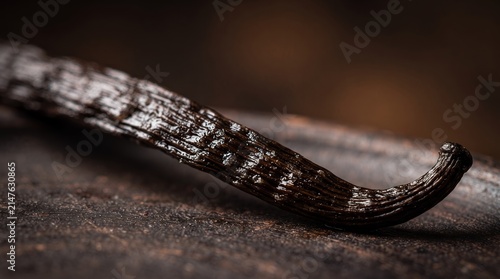 A close-up, detailed shot of a single fragrant vanilla bean, showcasing its textured surface and elegant curve.