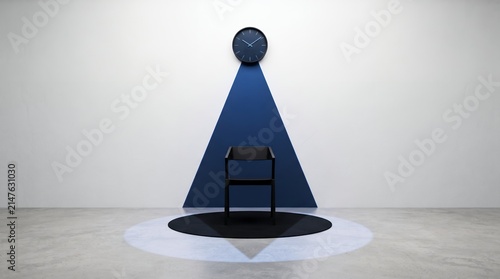 A stylish black chair is centered under a wall clock, framed by a blue triangle and a circular light on a clean white floor.