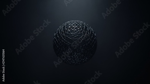 A dark, intricate spherical object with a complex geometric wireframe pattern floats against a deep, mysterious background.