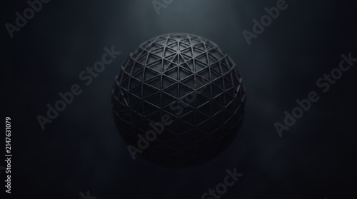 A textured dark sphere covered in a precise geometric grid pattern is suspended in a dramatic, dimly lit environment.
