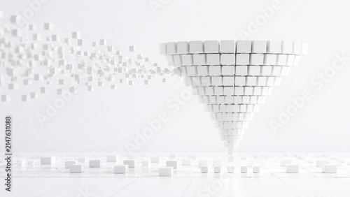Abstract white cube funnel representing data filtering processing and digital information sorting concept.