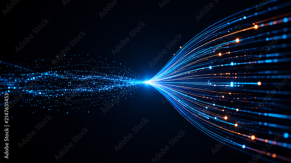 Obraz premium High speed fiber optic data stream converging with glowing digital particles representing telecommunication and cyber network transfer.