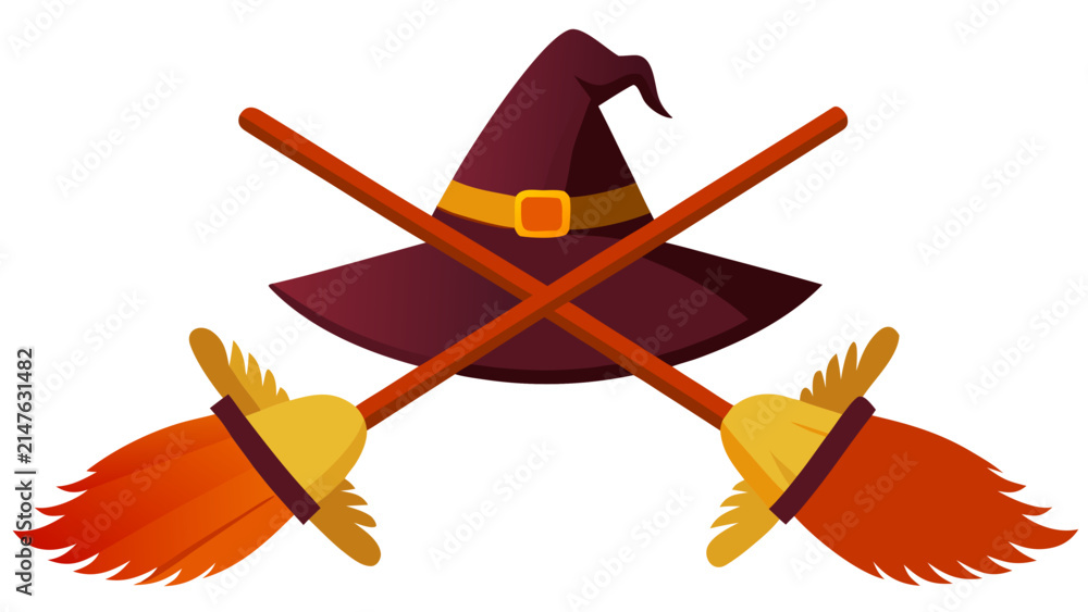 Fototapeta premium Editorial classic witch hat and crossed broomsticks design vector illustration with broomstick halloween celebration illustration