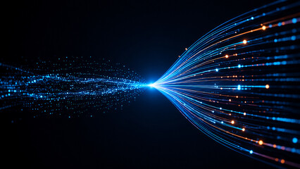 High speed fiber optic data stream converging with glowing digital particles representing telecommunication and cyber network transfer.