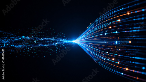 High speed fiber optic data stream converging with glowing digital particles representing telecommunication and cyber network transfer.