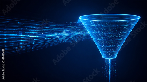 Digital information stream flowing into glowing blue data funnel representing cyber network filtering and big data extraction process.