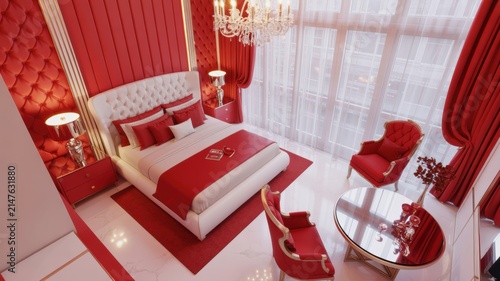 Red and White Elegant Bedroom Hotel Design Modern Interior Decoration Luxury Queen Bed