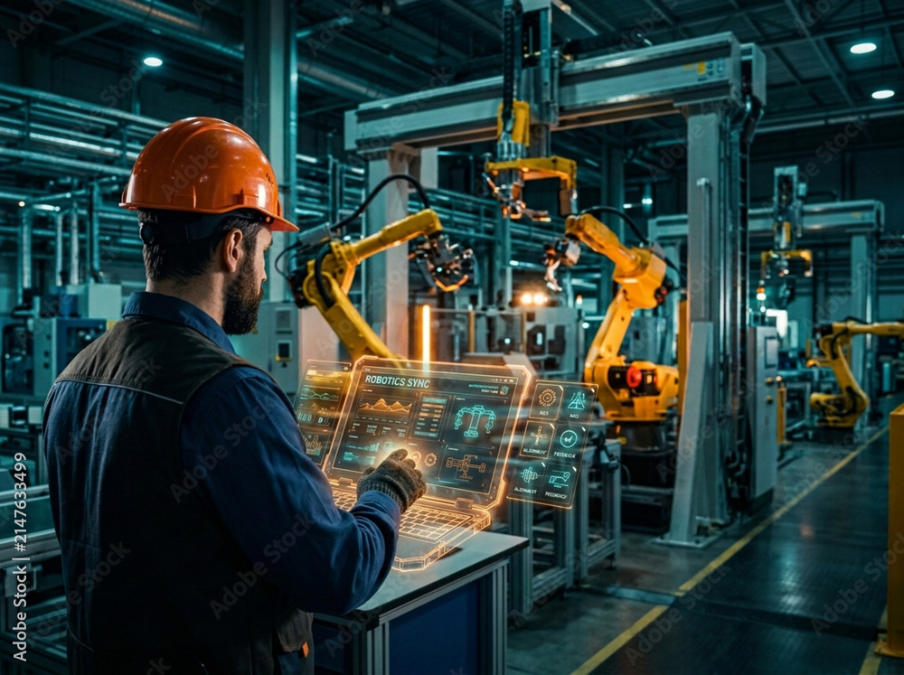 Fototapeta premium Engineer uses holographic interface with industrial robots in modern factory