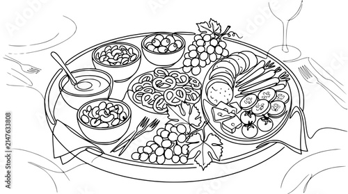 Bild auf Leinwand Artistic Charcuterie Board Illustration with Grapes, Cheese, and Pretzels