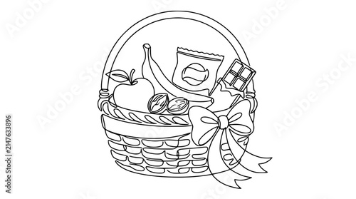 Gift Basket Line Art: Apple, Banana, Chocolate, Nuts, Snacks