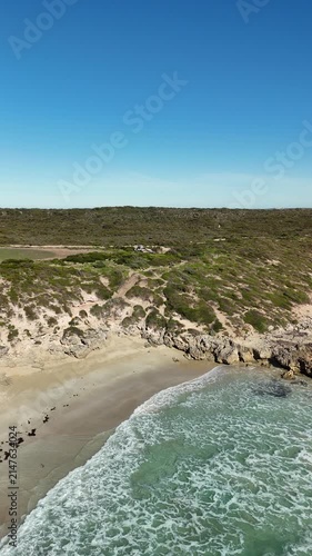 Gym Beach, Marion Bay, Yorke Peninsula, South Australia – 4K aerial drone view of pristine beach, turquoise waters, rocky shoreline, coastal dunes, natutal reserve.