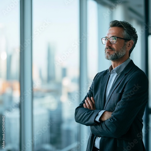 Confident Executive in Modern Corporate Office with City Skyline