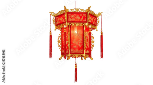 Traditional Chinese Red Lantern with Gold Ornate Details Hanging.