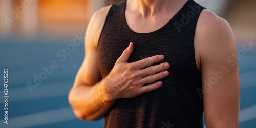 Athletic man resting on outdoor running track after intense workout at sunset breathing hard with hand on chest concept of fitness recovery and health