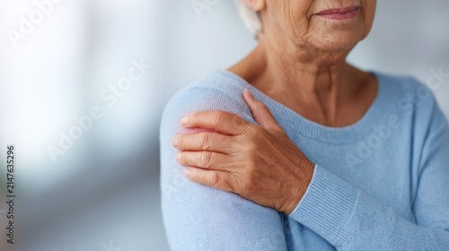 Senior woman holding painful shoulder with hand experiencing joint stiffness and discomfort as medical health issue for healthcare and wellness concepts