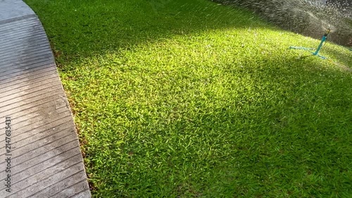 Garden sprinkler spraying water over lush green lawn