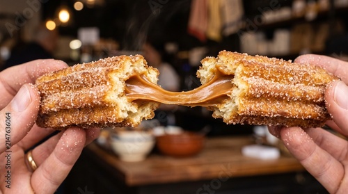 Close up of hands holding a churro filled with dulce de leche, showing gooey caramel filling stretching