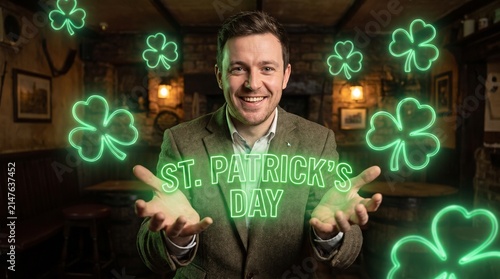 Man celebrating St Patricks Day with glowing shamrocks in a pub.