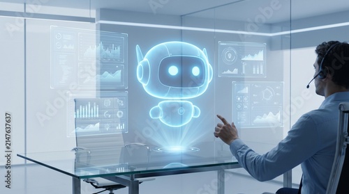 Man interacting with a futuristic holographic robot interface in a modern office.