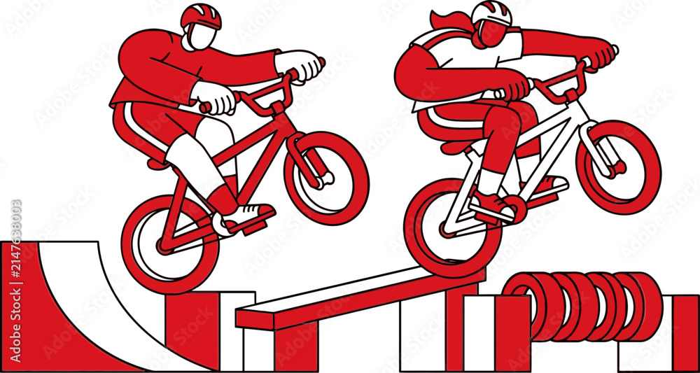 Fototapeta premium Minimalist illustration of two BMX riders performing stunts on a red and white skatepark course