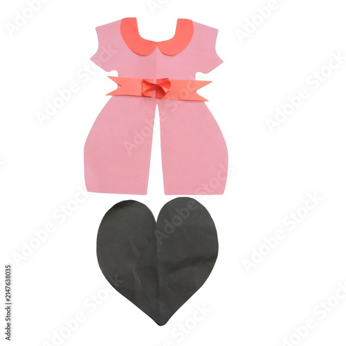 Woman trending dress pink heart-shaped gift box with red ribbon, flat lay on dark background, pink gift box, heart-shaped box