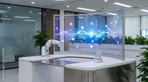 Futuristic transparent curved screen displaying glowing digital data in modern office.
