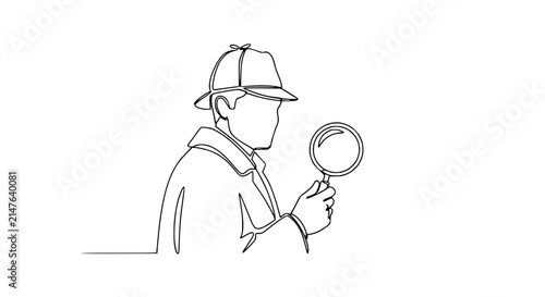 Detective with magnifying glass, one line drawing, minimalist style, investigation concept