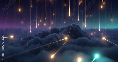 Glowing meteor trails streak through thick dark clouds as multiple illuminated particles fall from the sky in this cinematic 3D digital motion video animation sequence