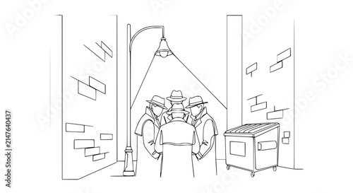 Fotografie Mysterious Gangsters Huddled Under Streetlight in Alleyway