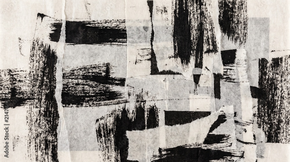 Obraz premium Grunge texture design asset with torn paper layers and bold black brush strokes on aged off-white surface