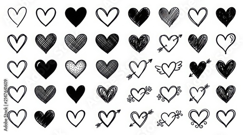 Set of hand drawn heart shapes and romantic love icons in black ink sketch style for wedding and valentines day design elements