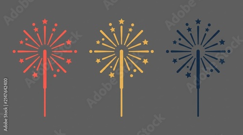 Three colorful sparkler firework icons with star shapes for celebration and party design elements set