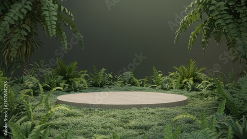Secluded clearing with circular wooden platform surrounded by lush green ferns and tropical jungle foliage.