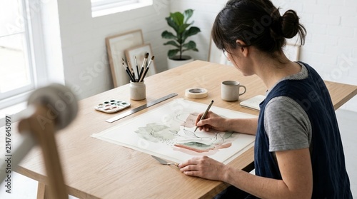 Artist Creating Illustration with Watercolor on Wooden Table