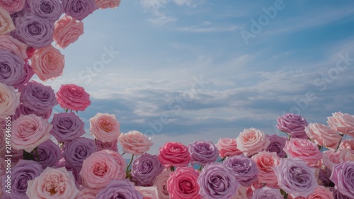 Romantic colorful roses in shades of pink and purple against a blue sky with clouds