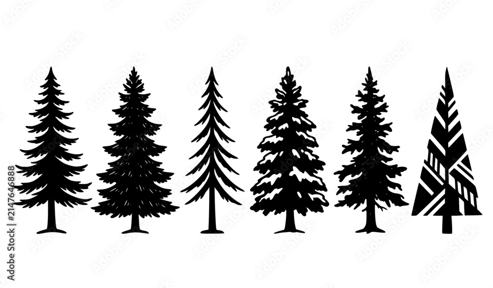 Obraz premium Christmas Tree Silhouette Collection Hand Drawn Vector Illustration