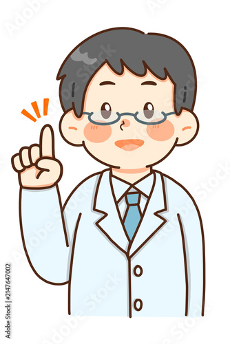 白衣を着た男性医師が人差し指をあげて説明するイラスト