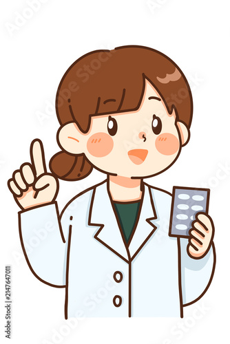 薬のシートを持って説明する女性薬剤師のイラスト