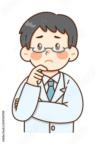 白衣を着た男性医師が考え込むイラスト