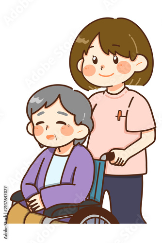 車椅子を押す女性介護スタッフのイラスト